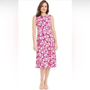 London Times Sleeveless Inset Waist MIDI Dress Size 4 NWT Floral Pink Raspberry